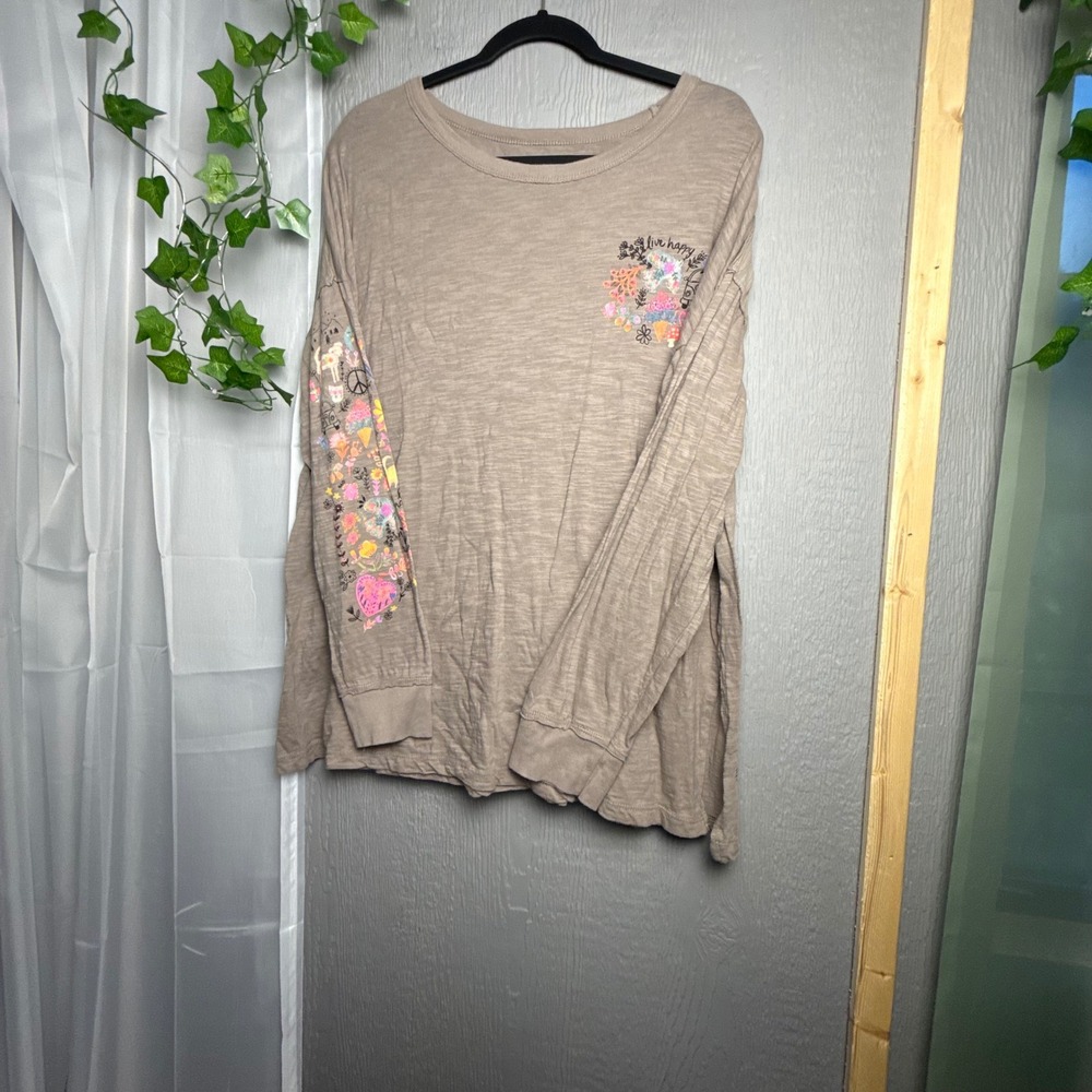 Natural Life Cotton Doodle Tee Ash Tan Oversized Boho Long Sleeve Top Large - Picture 2 of 8